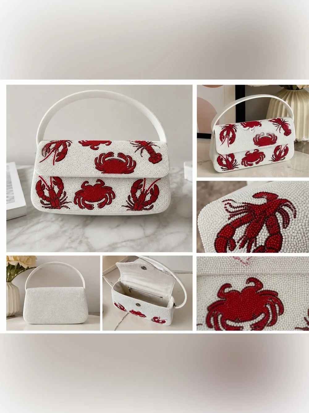 Anthropologie Cream Straw Shoulder Bag with Red Crab Embroidery - Picture 2 of 3